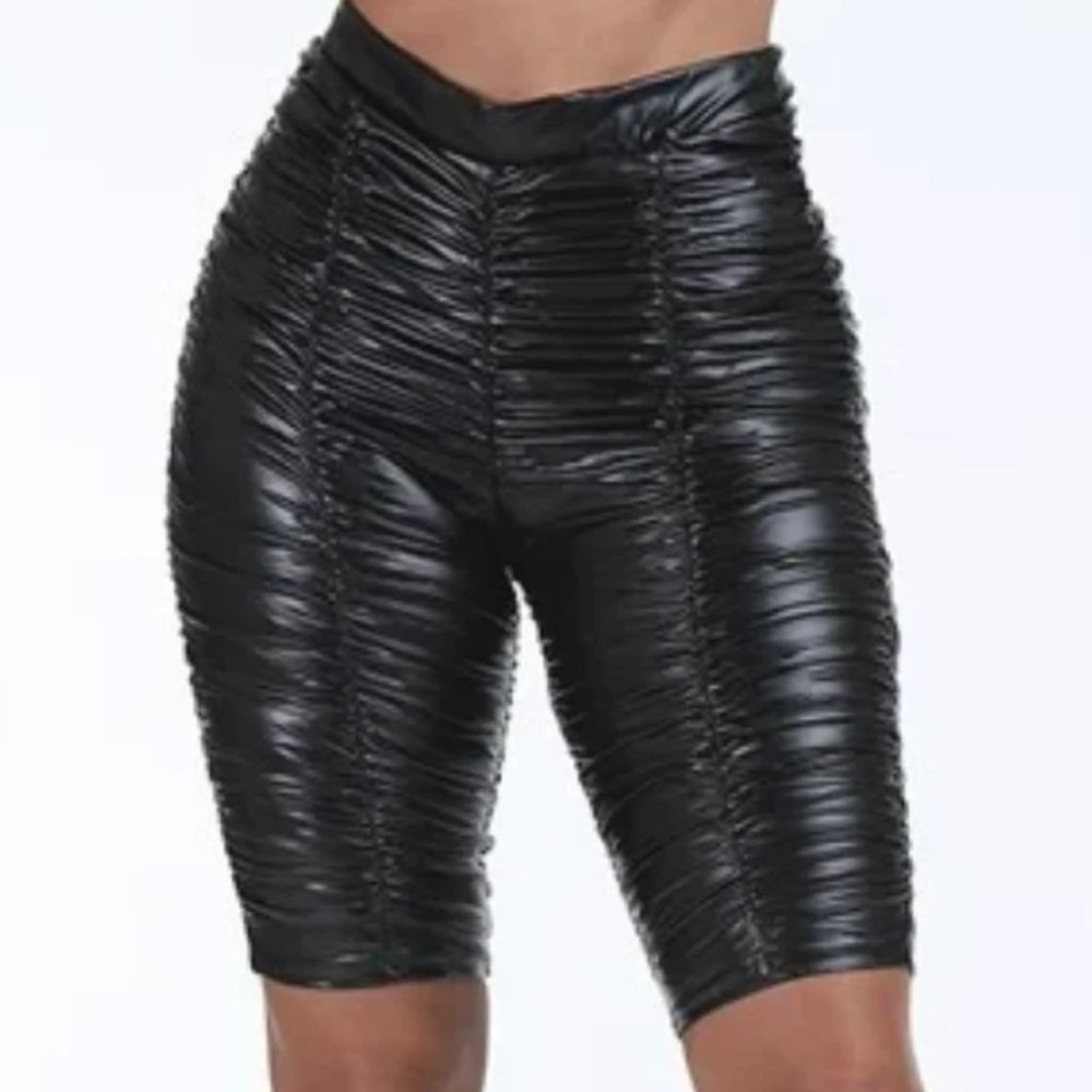 Faux Leather Ruched Biker Shorts
